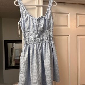 Blue Gingham Smocked Mini Dress with Tie Front